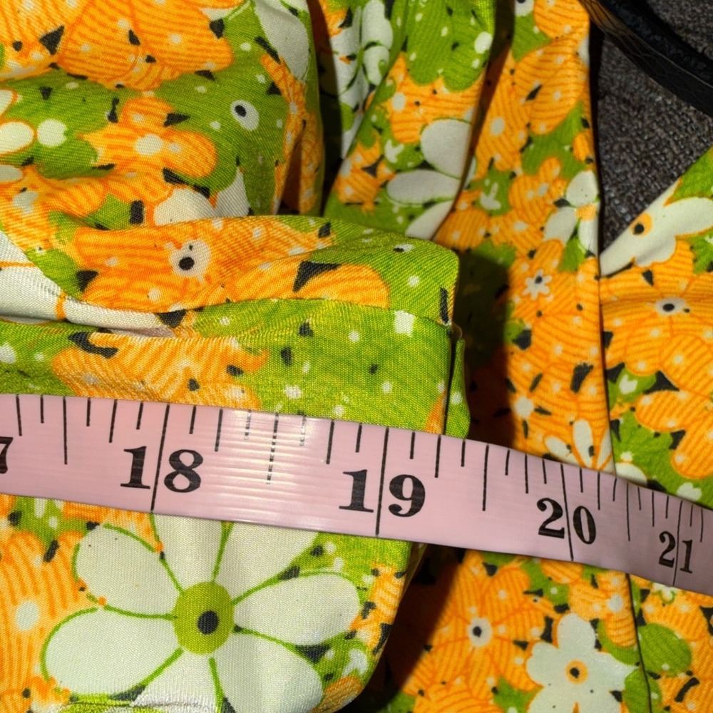Vintage 70s Floral Button Up Shirt Green Orange Daisy Print Zipper Pockets L - Picture 4 of 4